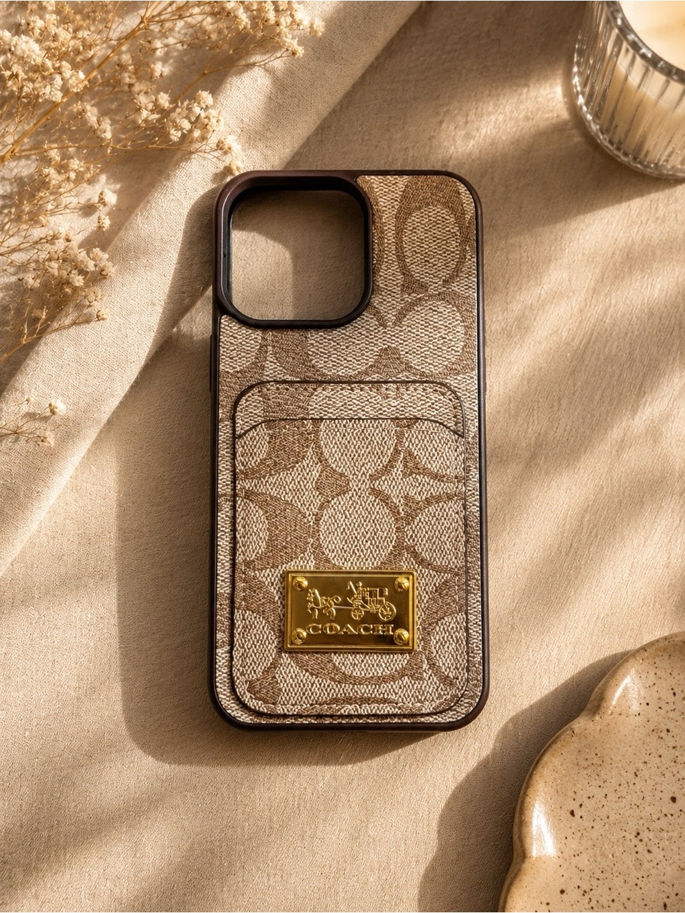 COACH Signature Canvas Card Pocket Phone 15 Pro Max Case in Beige with Gold plat